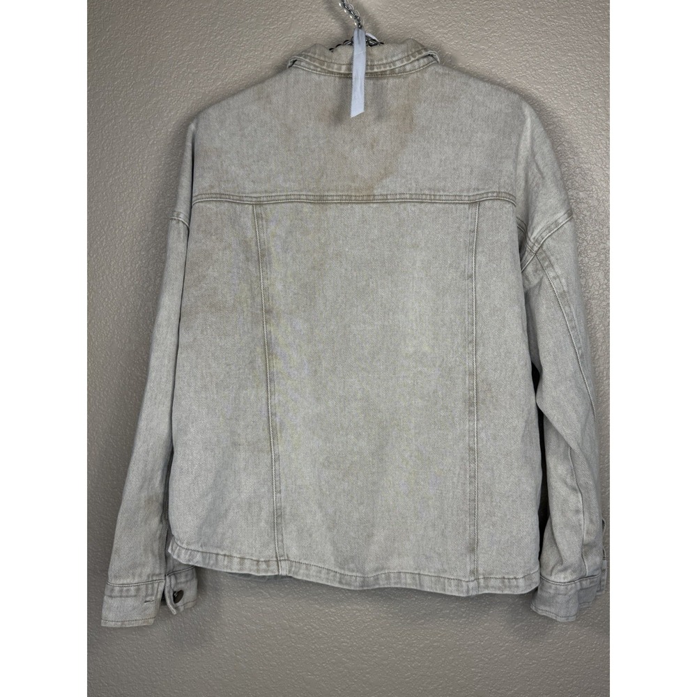 Heyson Womens Beige Fringe Sz L Western Boho Shacket Distressed Jeans Jacket - Picture 6 of 6